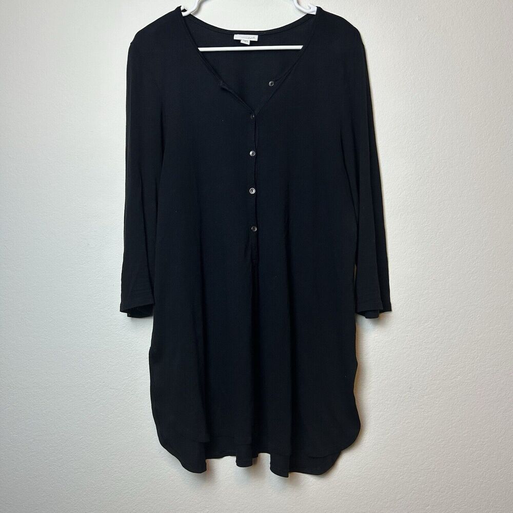 J Jill Blouse Womens Medium Black Henley Button Tunic Top Lagenlook Minimalist